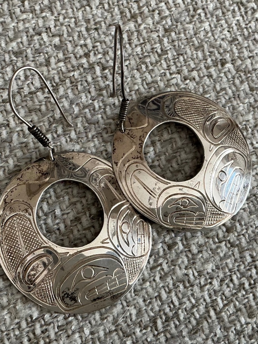Silver Drop Open Circle Earrings. Etched First Nations